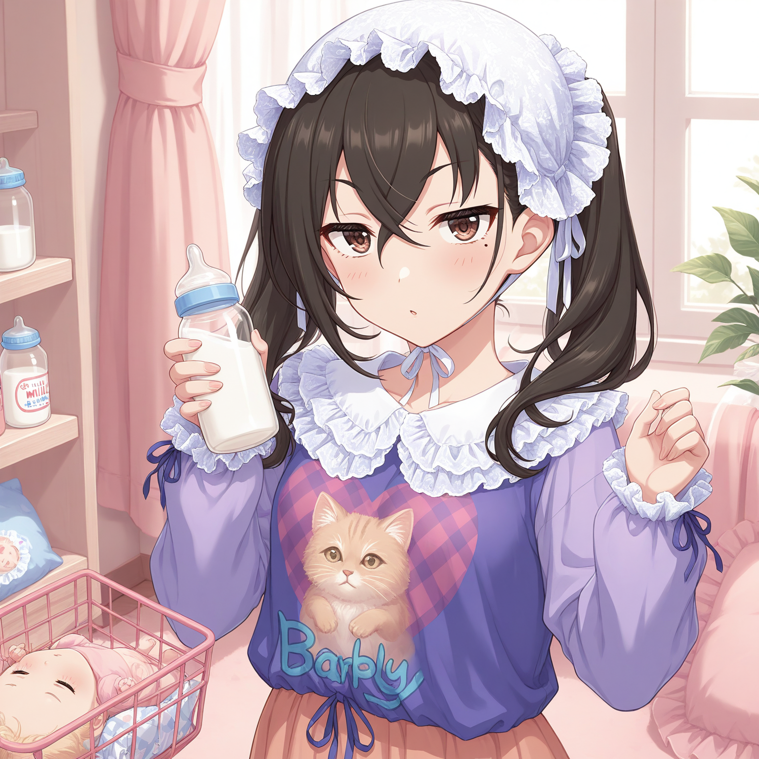 masterpiece, best quality, indoors, cradle,
<lora:BabyAkira:1>, BabyAkira, solo, white headwear, black hair, long hair, twintails, hair between eyes, crossed bangs, brown eyes, mole under eye, frills, purple shirt, print shirt, clothes writing, long sleeves, skirt, baby bottle, drinking milk
