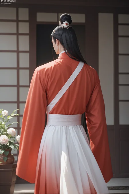 score_9, score_8_up, score_7_up, source_photo, solo, male focus, very long hair, 1boy, standing, from behind, red hanfu, gradient dress, toned, hair bun, pale skin, long hair, black hair, hair ornament, realistic, <lora:ahliponyv1-000001:0.85>