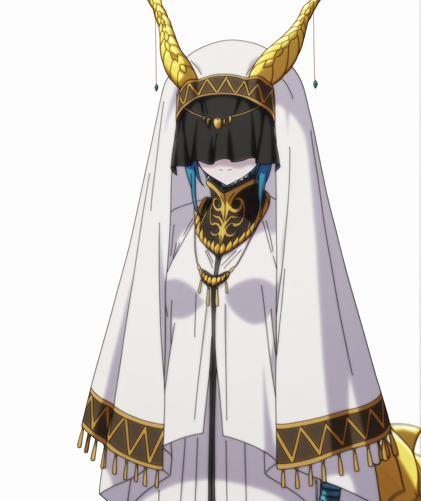 official art, absurdres, highres, anime coloring, hi res, best quality, masterpiece, 2d, intricate details, 4k,
1girl, solo, female, blue hair,
horns, monster girl, dragon horns, dragon girl, dragon tail, gold tail, tail, colored skin, scales, blue scales, reptile girl,
shaded face, veil, covered eyes,
breasts, medium breasts, small breasts, dress, necklace, robe, white robe, long sleeves, wide sleeves,
arms at sides, facing viewer,
depth of field, blurry, motion blur, white background, <lora:Skadi_Dragenfelt_(Character)_ILXL:1>, skadi dragenfelt, monster musume no oisha-san,