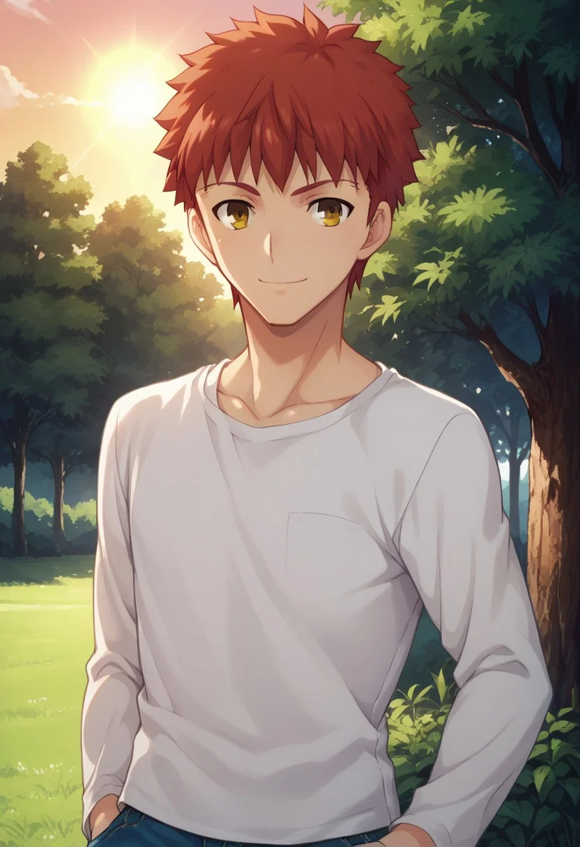 score_9, score_8_up, score_7_up, source_anime, highly detailed, 
shirouemiya, 1boy, male focus, solo, upper body, yellow eyes, pants, red hair, denim, smile,
jeans, shirt, hand in pocket,
outdoor, trees, sun,