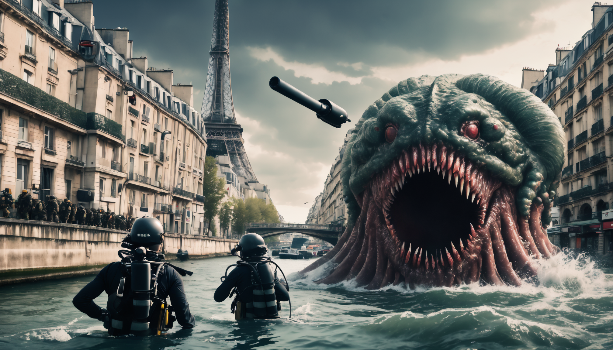 Armymen securing the shores, Paris scenery, wide angle view, best quality, masterpiece, ultra high res, ultra detailed, sharp focus BREAK Pretty female scuba diver, mature, GIGN special forces officer, swimming right above the Seine surface, aiming a Famas machinegun, ((full body diving suit)), gloves, medium breasts, ((lama scuba helmet)), ammunitions belt, ninja mask, detailed face, among a group of other security forces members, zodiac boats, ((perfect anatomy)), ((perfectly drawn face)), ((perfectly drawn hands)), ((perfectly drawn eyes)), multiple girls, multiple boys, ((view from behind)), looking to the right, <lora:lama_scuba_helmet_xl-000012:0.85> BREAK Kraken monster emerging from the waters, roaring