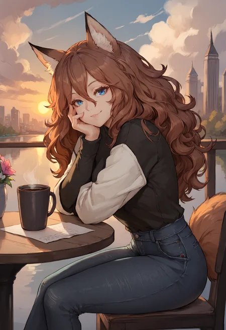 score_9, score_8_up, score_7_up, score_6_up BREAK
1girl, fox girl, brown hair, blue eyes, wavy hair, long hair, sitting, cafe,hair between eyes, drinking coffee, lake in background, relaxed, smile, maskara, eyelashes, black shirt with flower, long sleeves, arm support, dusk, sunset, clouds, city, river in background, bridge in background, chair, table, jeans, head rest, hand to own cheek, looking at viewer, coffee mug, fox tail