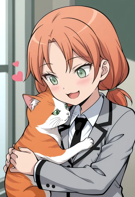 <lora:Hayami_Rinka:1>,Hayami_Rinka,1girl,orange hair,green eyes,low twintails,hug,cat,solid_oval_eyes_,solid_circle_pupils,blush_stickers,facing cat,face against cat,looking at cat,light_blush,:d,heart,white shirt,collared_shirt,grey jacket,black necktie,upper_body,masterpiece,best quality,amazing quality,very aesthetic,absurdres,newest,indoor,