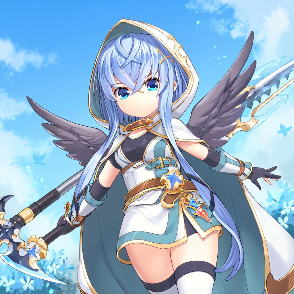 score_9
sariel_legeclo, blue hair, blue eyes, black wings, small wings, sidelocks, short hair
default_outfit, white hood, white cape, white robe, belt, black gloves, white thighhighs, black boots, scythe, weapon, magic
holding weapon, standing
