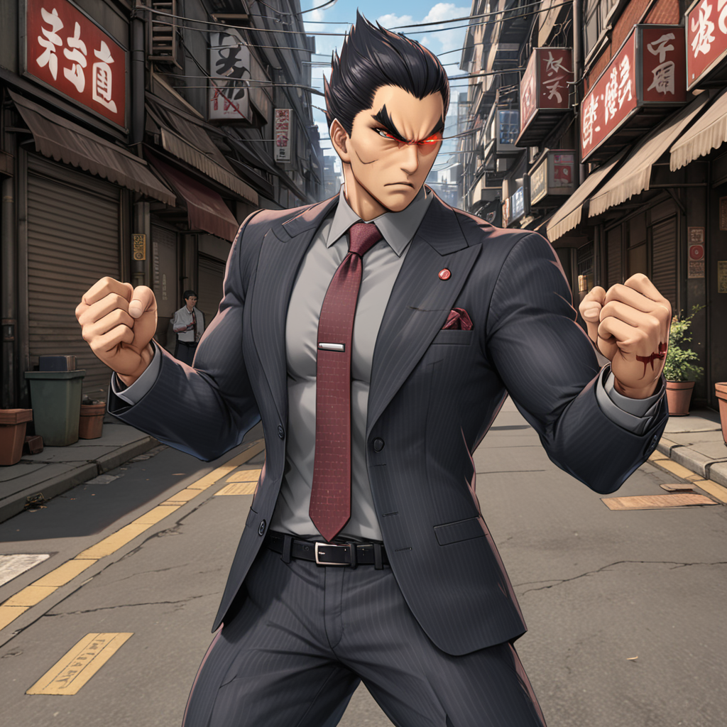man standing in a street alley in fighting pose, <lora:Kazuya_Mishima_Tekken_XL:.7> kzymtk, 1boy, solo, male focus, black hair, pants,  scar, standing, glowing eye, (formal, necktie:1), glowing, thick eyebrows, red eyes, (muscular:.5), (anime, masterpiece, intricate:1.3), (best quality, hires textures, high detail:1.2), (4k),(incredibly detailed:1.4),UHD, 8K, ultra detailedâââ
