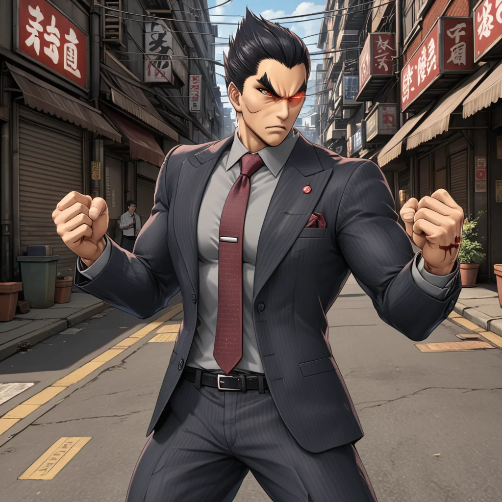 man standing in a street alley in fighting pose, <lora:Kazuya_Mishima_Tekken_XL:.7> kzymtk, 1boy, solo, male focus, black hair, pants,  scar, standing, glowing eye, (formal, necktie:1), glowing, thick eyebrows, red eyes, (muscular:.5), (anime, masterpiece, intricate:1.3), (best quality, hires textures, high detail:1.2), (4k),(incredibly detailed:1.4),UHD, 8K, ultra detailedâââ