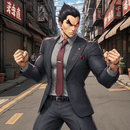 man standing in a street alley in fighting pose, <lora:Kazuya_Mishima_Tekken_XL:.7> kzymtk, 1boy, solo, male focus, black hair, pants,  scar, standing, glowing eye, (formal, necktie:1), glowing, thick eyebrows, red eyes, (muscular:.5), (anime, masterpiece, intricate:1.3), (best quality, hires textures, high detail:1.2), (4k),(incredibly detailed:1.4),UHD, 8K, ultra detailedâââ