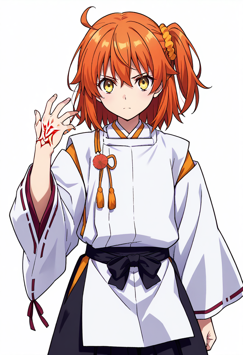 masterpiece, best quality, absurdres, detailed skin, detailed eyes, detailed face, anime colored, anime screencap, anime colored,
aaritsuka, short hair, orange hair, ahoge, one side up, hair scrunchie, orange scrunchie, yellow eyes, <lora:fujimaru_ritsuka_ponyxl_v1:0.9>, 
looking at viewer, serious, cowboy shot,  command spell, hand up,
<lora:kariginu:1>, ((kariginu)), hakama skirt, long sleeves, 
((white background)),