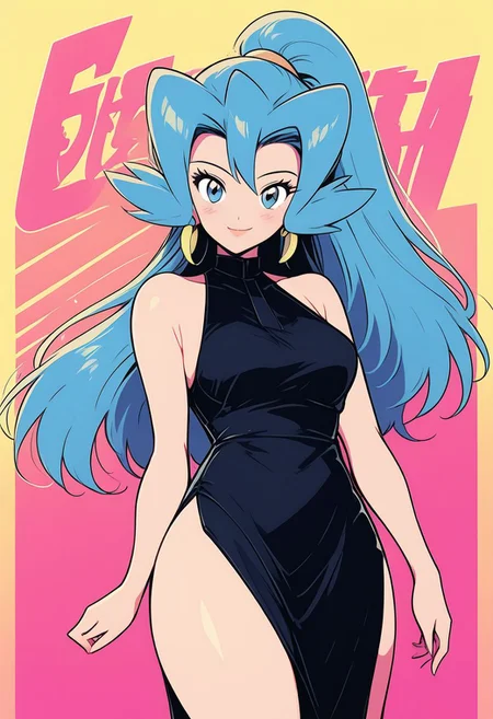 score_9, score_8_up, score_8, medium breasts, (curvy), cute, eyelashes,
BREAK,
zzClair, solo, 1girl, long hair, blue hair, blue eyes, ponytail,
breasts, looking at viewer, blush, smile, bangs, dress, bare shoulders, jewelry, medium breasts, very long hair, closed mouth, standing, cowboy shot, earrings, sleeveless, black dress, bare legs, sleeveless dress, side slit, hoop earrings, text, text in background,
zPDXL,