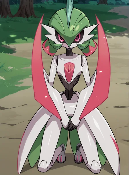 score_9, score_8_up, score_7_up,score_6_up, score_5_up, score_4_up, source_anime ,anime screencap, <lora:IronValiant:0.8>ironvaliantsv, pokemon (creature), solo, green hair, standing, colored skin, white skin, pink eyes, arm blade, colored sclera,outdoors, kneeling, looking at viewer, own hands together,
