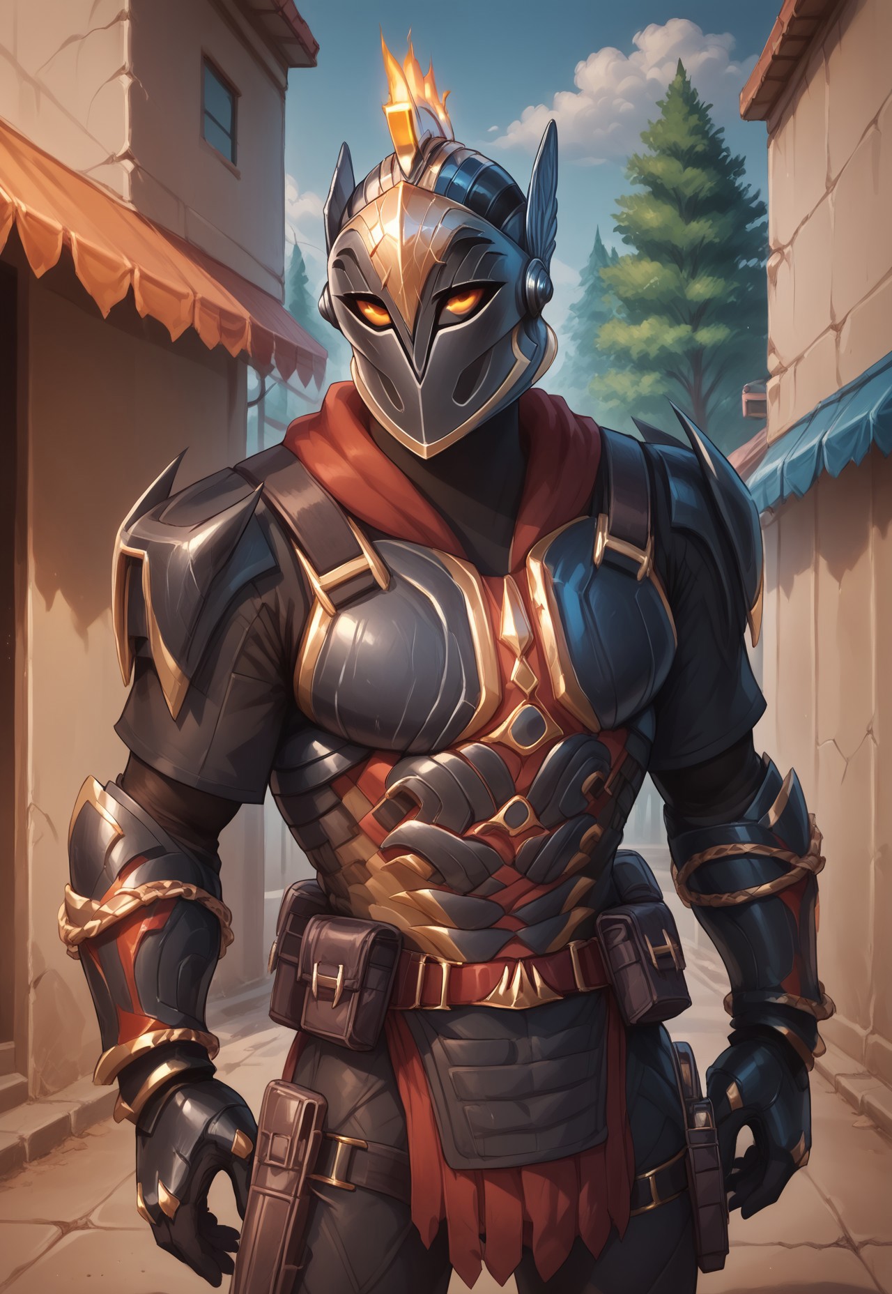 score_9, score_8_up, score_7_up, source_anime, aresfortnite, 1boy, solo, helmet, armor, gauntlets, orange eyes, looking at viewer, BREAK, outdoors