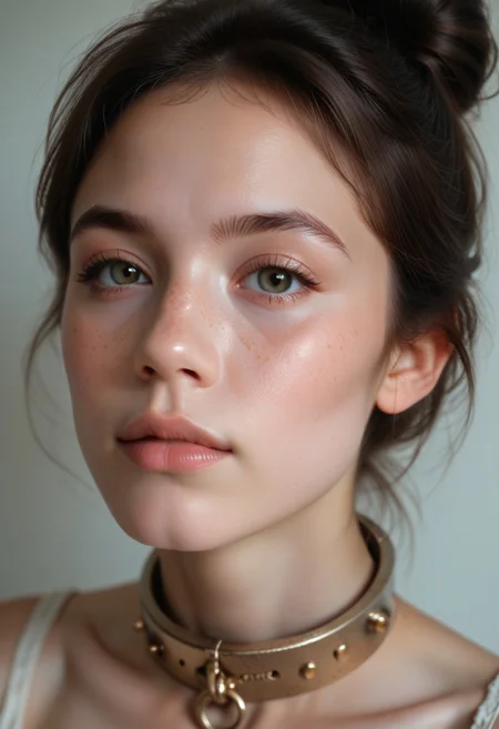 score_9, score_8_up, score_7_up, score_6_up, photo, grainy, amateur, lowres, Tiaris, cute girl, 1girl, solo, freckles, ((bronze collar)), hairbun, portrait, lips, looking at viewer, realistic, dark hair, close-up