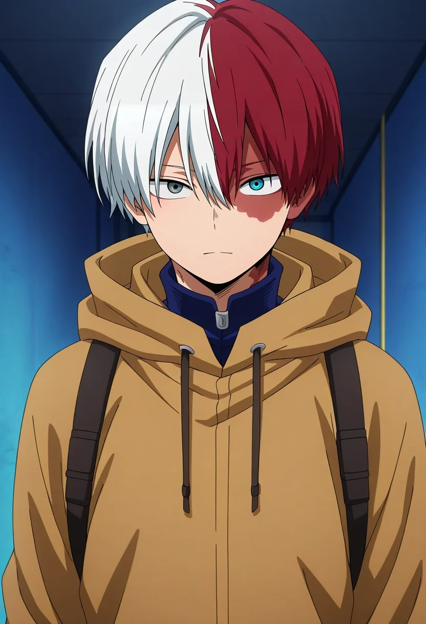masterpiece, best quality, intricate details, anime screencap, , official style, looking at viewer, , 1boy, solo, male focus, <lora:shouto_todoroki_ilxl:0.98>, shouto_todoroki, white hair, red hair, grey eyes, blue eyes, heterochromia, short hair, hair between eyes, bangs, multicolored hair, two-tone hair, split-color hair, burn scar, scar on face, , thief costume