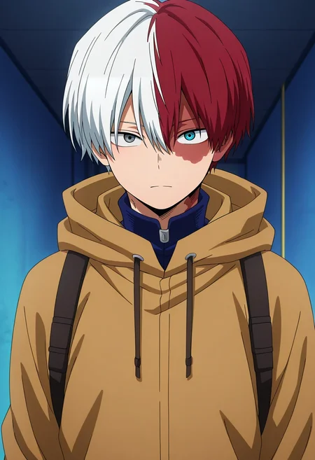 masterpiece, best quality, intricate details, anime screencap, , official style, looking at viewer, , 1boy, solo, male focus, <lora:shouto_todoroki_ilxl:0.98>, shouto_todoroki, white hair, red hair, grey eyes, blue eyes, heterochromia, short hair, hair between eyes, bangs, multicolored hair, two-tone hair, split-color hair, burn scar, scar on face, , thief costume