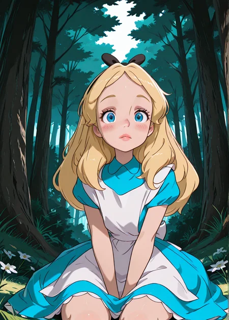 masterpiece, best quality, amazing quality, very aesthetic, absurdres, newest, 4k, 8k, dynamic angle, official style, (jaggy lines, sugimorixd:1.2), outdoors, forest, flowers, grass, sitting, looking at viewer,
alicexd, 1girl, solo, blonde hair, long hair, hairbow, blue dress, white apron, bow, white thighs, lips, blue eyes,
blush,
<lora:Expression_Detailer_Illustrious_Lora:0.85>, <lora:sugimoi:1>, <lora:Alice_-_Disney_Illustrious:1>