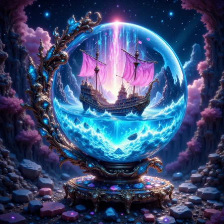 bo-exposure, pinketherealmj, a crystal ball showing A beautiful magical ocean inside, with a fleet of fantasy style  mini viking ships. The crystal ball is floating inside a colorful cosmic storm on space, magical glow, internal glow, magic, fantasy, glowing, colorful,