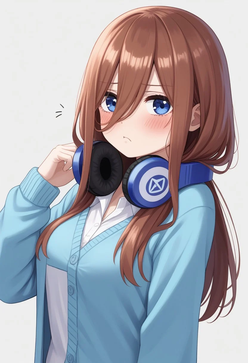 1girl, nakano miku, Go-Toubun no Hanayome, headphones around neck, headphones, solo, pout, hair between eyes, blue eyes, blue cardigan, long hair, :t, brown hair, blush, shirt, white shirt, simple background, cardigan