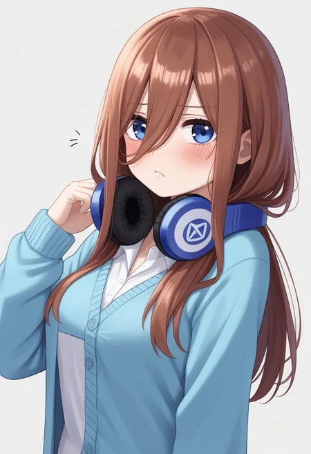 1girl, nakano miku, Go-Toubun no Hanayome, headphones around neck, headphones, solo, pout, hair between eyes, blue eyes, blue cardigan, long hair, :t, brown hair, blush, shirt, white shirt, simple background, cardigan
