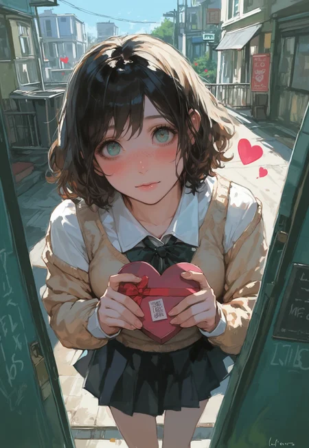 score_9, score_8_up, score_7_up, score_6_up, 1girl, beautiful, cute, kawaii, young woman, Japanese school uniform, holding Love message, she give messages to viewer, little hearts above the head, blushing, (shy:0.9), (confounded:0.6), pov, detailed background, source_anime, anime, corridor behind building, corridor, behind school, Valentine's atmosphere, pov, she leaning forward to pov, outdoors, standing, sfw, freckles,