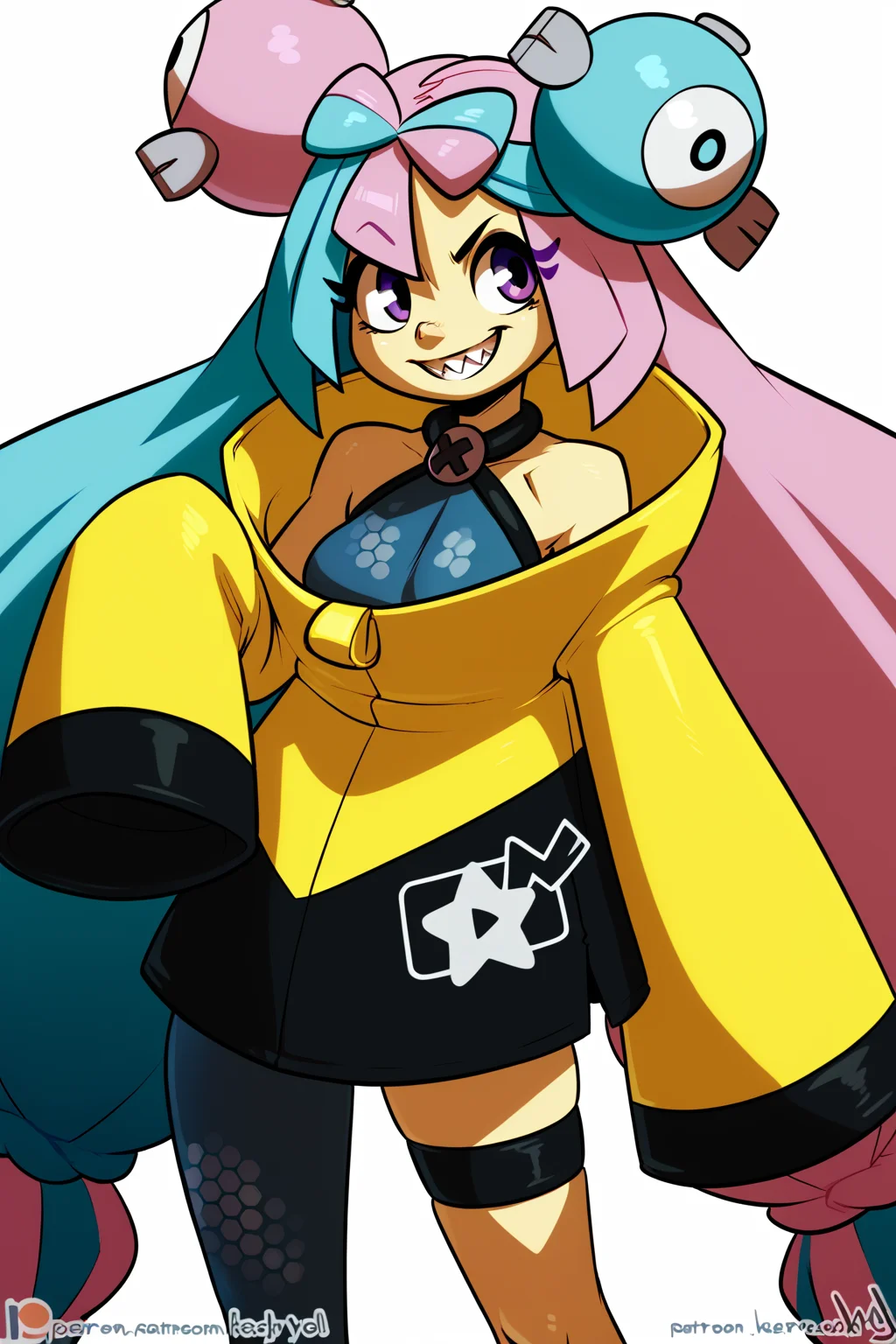 Score_8_up, score_7_up, Score_9, BREAK, solo, 1girl, iono, grey dress, sleeveless dress, yellow jacket, logo, oversized clothes, sleeves past hands, grin, sharp teeth, thigh strap, single pantyhose leg, cowboy shot, by <atryl><lora:EMS-413739-EMS:0.600000>, <lora:EMS-322220-EMS:1.000000>