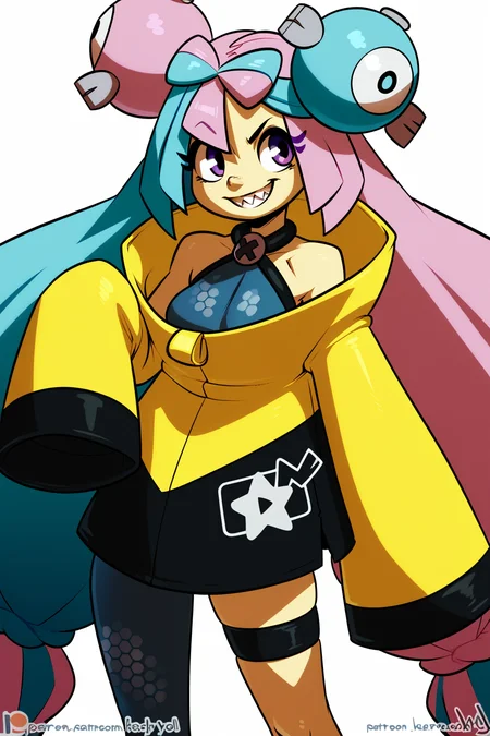 Score_8_up, score_7_up, Score_9, BREAK, solo, 1girl, iono, grey dress, sleeveless dress, yellow jacket, logo, oversized clothes, sleeves past hands, grin, sharp teeth, thigh strap, single pantyhose leg, cowboy shot, by <atryl><lora:EMS-413739-EMS:0.600000>, <lora:EMS-322220-EMS:1.000000>