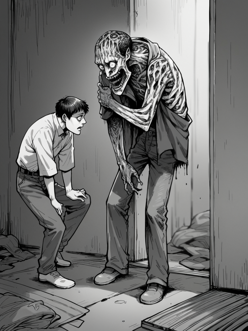 score_9, score_8_up, score_7_up, score_6_up,  <lora:junj11t0XLP:1> junj11t0, junji ito, monochrome, creepy, manga, 1boy, full body,