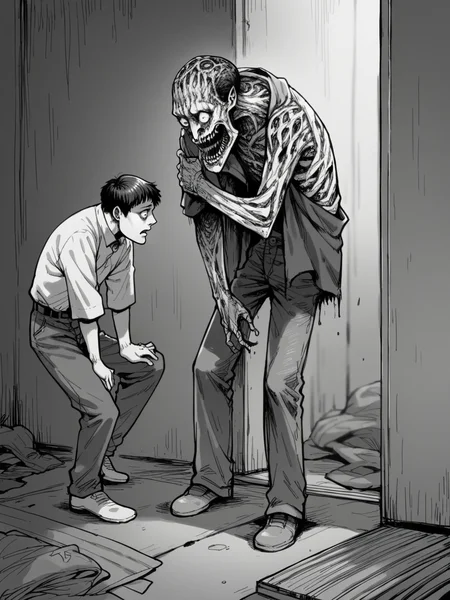 score_9, score_8_up, score_7_up, score_6_up, <lora:junj11t0XLP:1> junj11t0, junji ito, monochrome, creepy, manga, 1boy, full body,