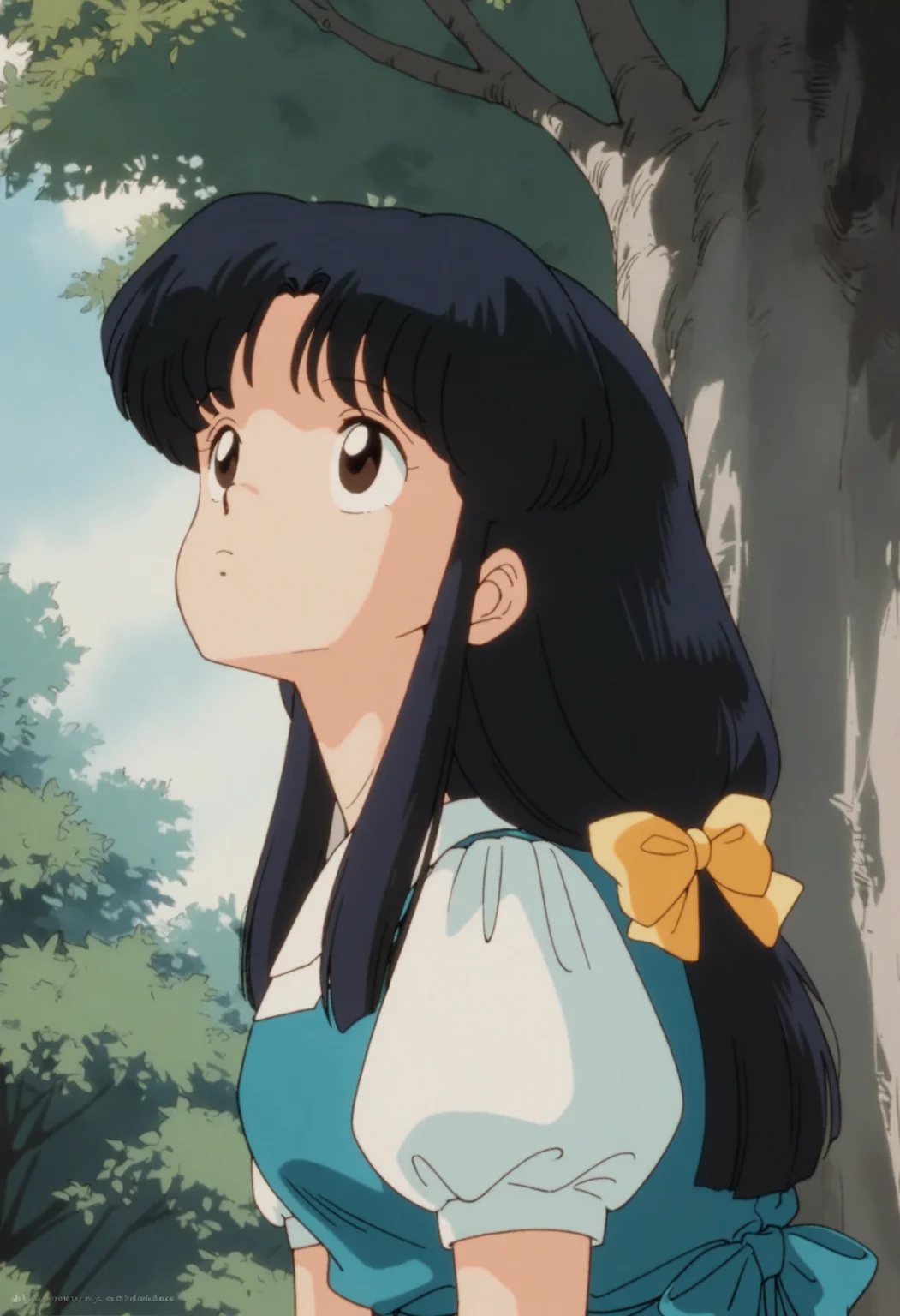 1girl, solo, retro artstyle, tendoakane,furinkanuniform,white shirt, puffy sleeves, short sleeves, dress, puffy short sleeves, blue dress, long hair, bangs, upper body, outdoors, tree,bow, hair bow,yellow bow, low-tied long hair, looking up,<lora:akane tendo_xl_v2:0.7>, <lora:add-detail-xl:1>