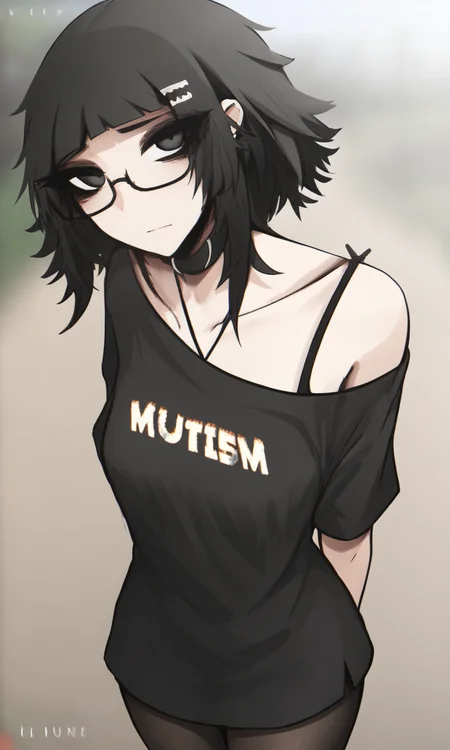 score_9, score_8_up, score_7_up, source_anime, anime illustration, masterpiece, best quality, lots of details, detailed background, outdoors, cover page, cover, textured, BREAK
1girl, solo, 18 years old, adult, riyokaede, black hair, black eyes, choker, black shirt, collarbone, looking at viewer, hairclip, medium hair, pantyhose, blunt bangs, glasses, bra strap, off shoulder