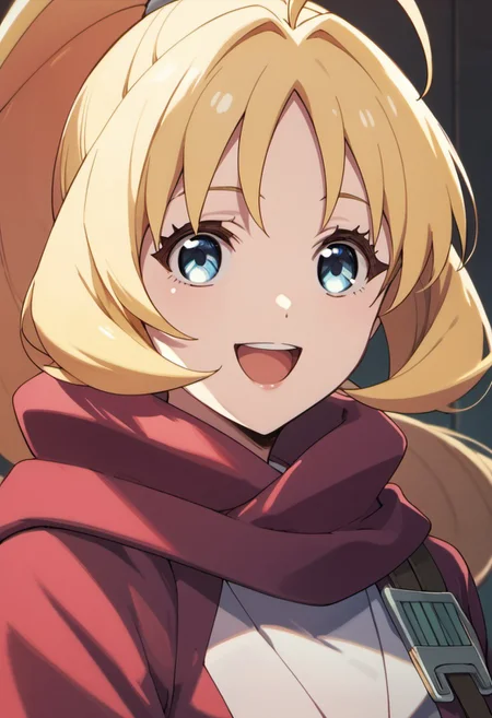 score_9, score_8_up, score_7_up, source_anime, rina rupaage, blonde hair, ponytail, blue eyes, 1girl, solo, long hair, open mouth, ahoge, smile, upper body