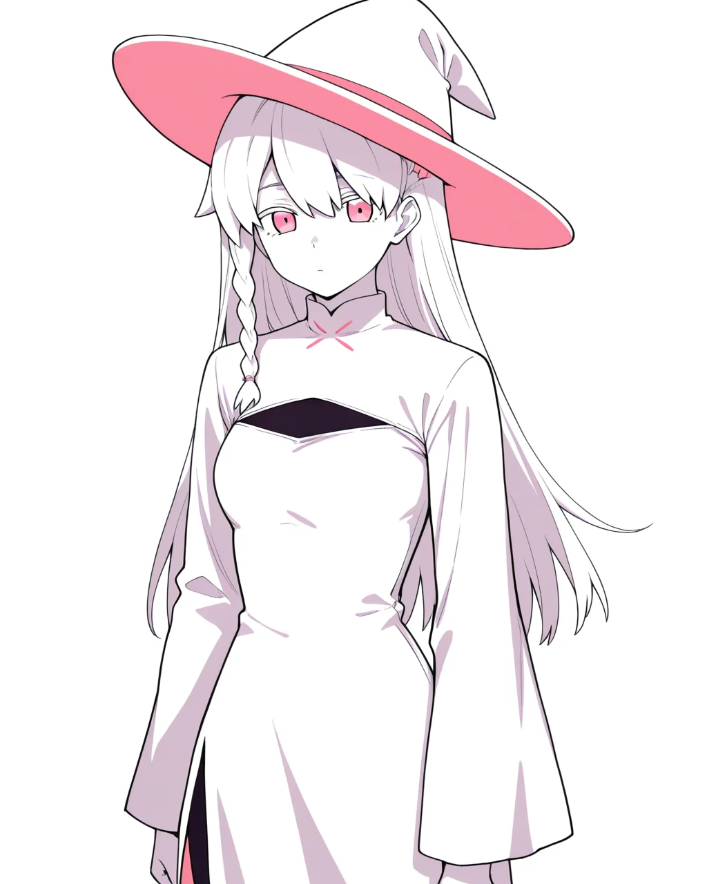 1girl, solo, ix \(lower\), which hat, white hat, white hair, pink eyes, white dress, monochrome, looking at viewer, cowboy shot, simple background, white background, masterpiece, best quality, very aesthetic, absurdres
