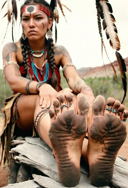 front-bottom-view medium-shot photograph, angry female Native-American warrior, wearing traditional-clothes, 25-YO, (tattoos:0.8), long-thick-braids, outdoors, foot-focus, five-toes, barefoot, detailed-soles, dirty-feet, sitting