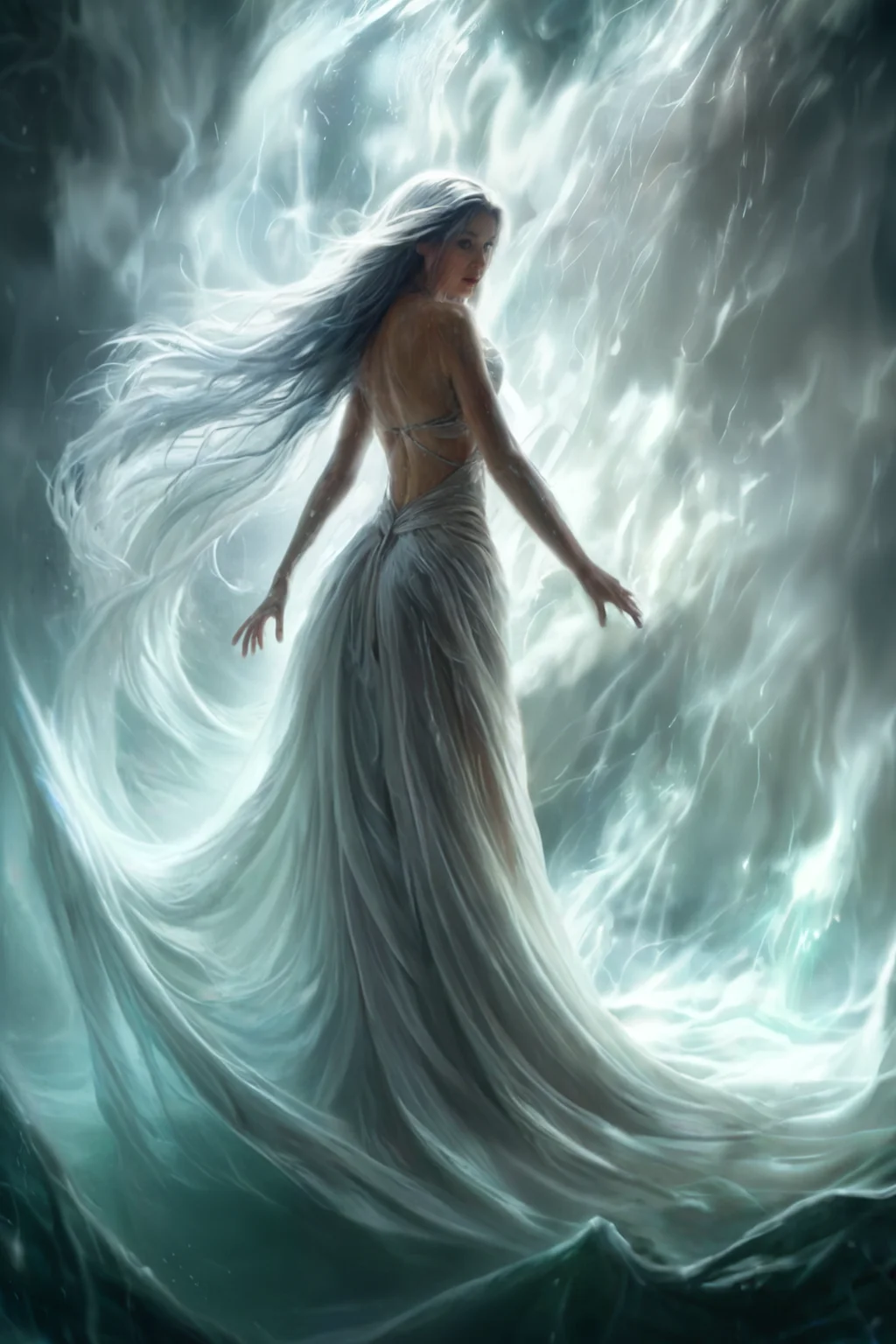 cinematic film still a woman a white dress is wading in water whirlpool, wearing a white flowing dress, she is walking on water storm, wearing an extreme flowing dress, flowing floating dress, twister flowing white dress in a storm, wearing a flowing floating silk sundress, girl in silk white dress dancing, wearing a white silky dress, beautiful flowing feeling, ethereal beauty, standing in a storm with lighting and thunder and magic and angry mother nature, by Ivan Grohar, bottom angle shallow depth of field, vignette, highly detailed, high budget, bokeh, cinemascope, moody, epic, gorgeous, film grain, grainy