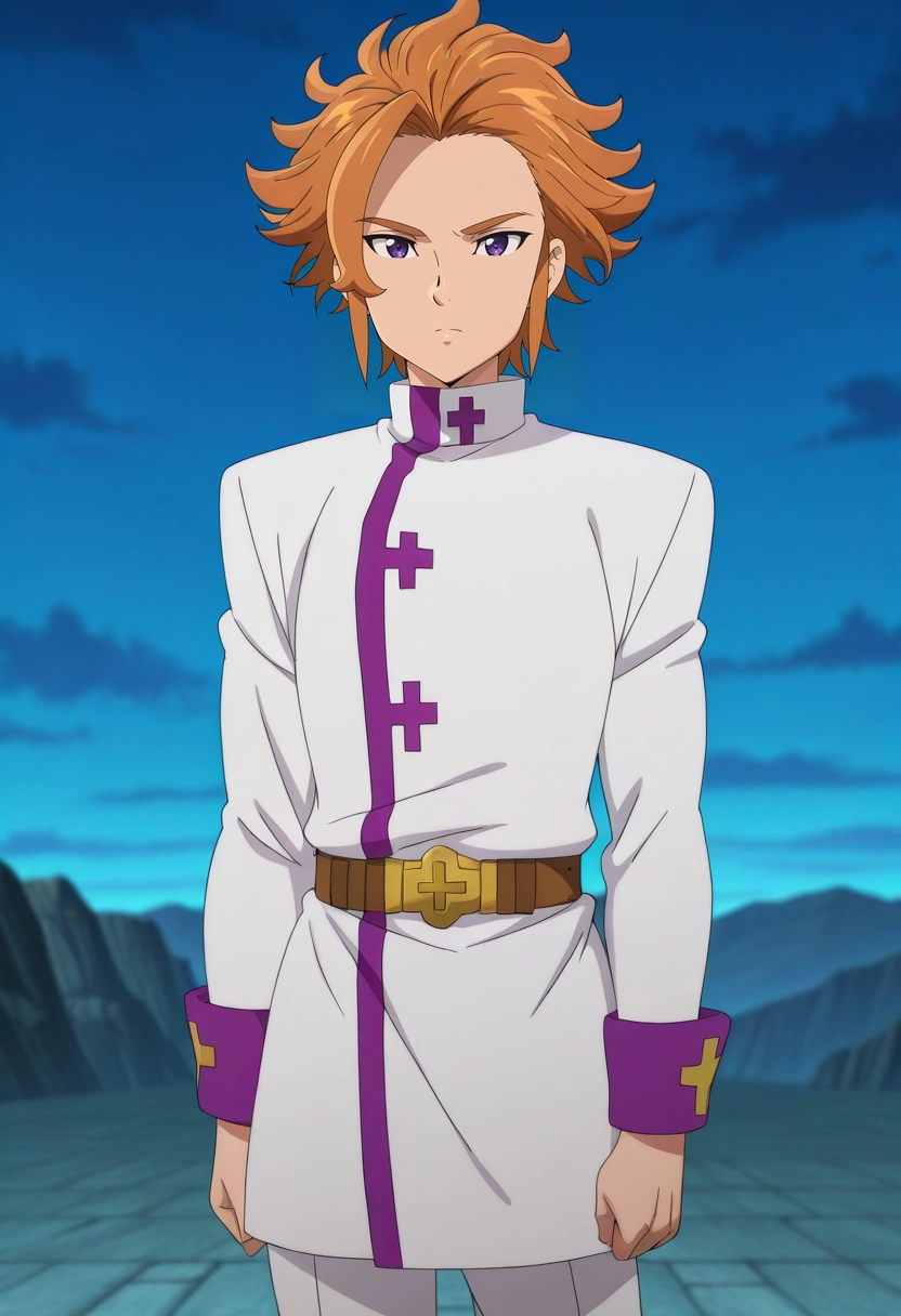 masterpiece, best quality, , anime screencap, anime coloring, , looking at viewer, 1boy, solo, male focus, <lora:arthur_pendragon_ilxl:0.9>, arthur_pendragon, orange hair, purple eyes, short hair, , khakis,