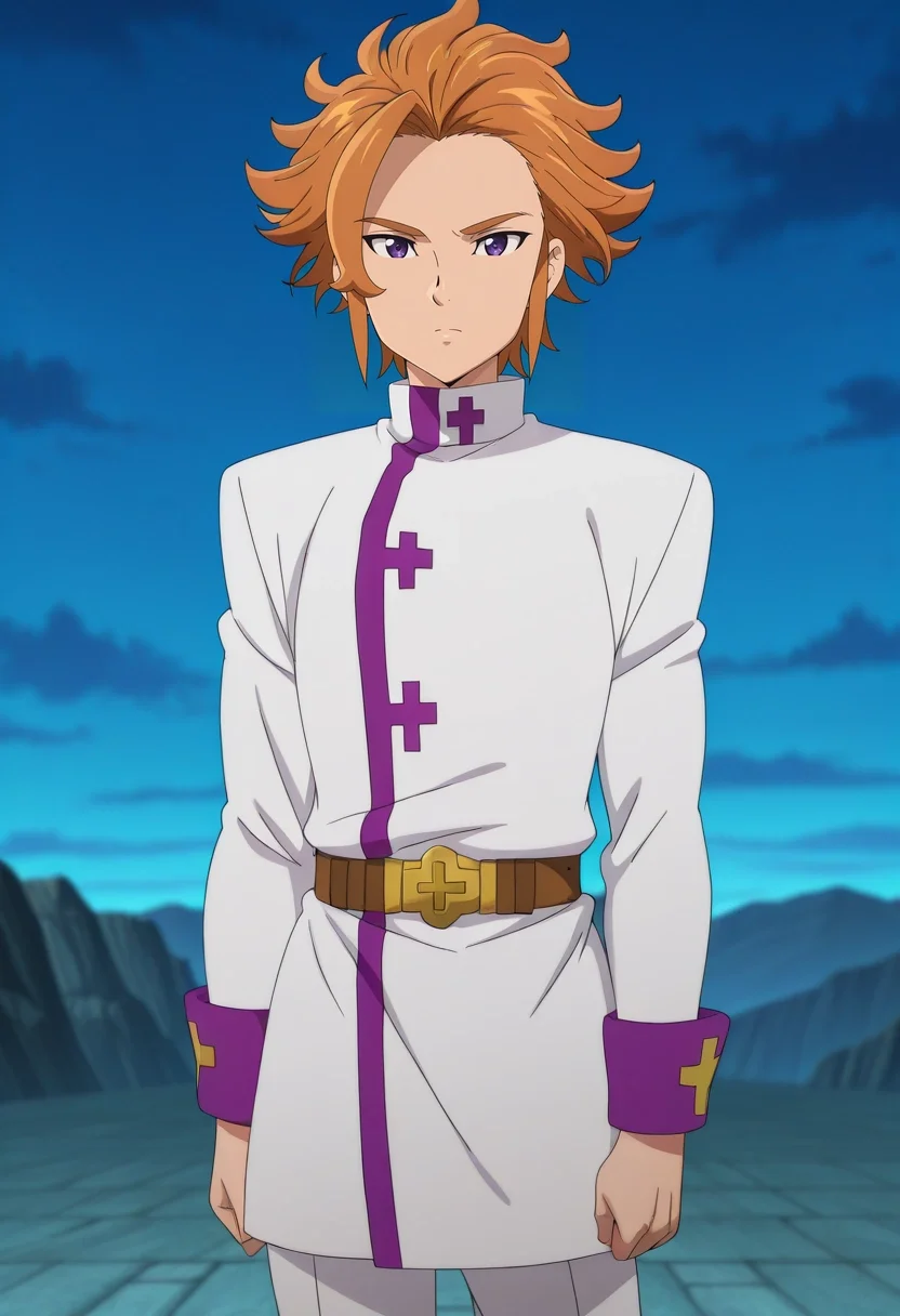 masterpiece, best quality, , anime screencap, anime coloring, , looking at viewer, 1boy, solo, male focus, <lora:arthur_pendragon_ilxl:0.9>, arthur_pendragon, orange hair, purple eyes, short hair, , khakis,