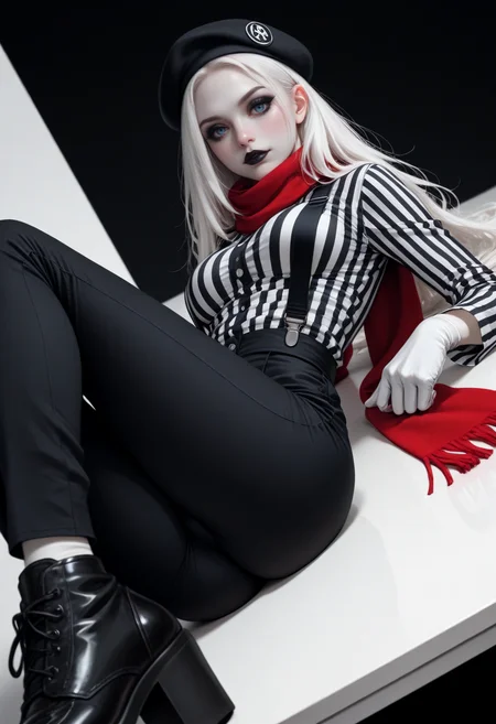 8K, depth of field, focused subject, dynamic angle, sexy pose, best quality, detailed eyes, perfect eyes, realistic eyes, white hair, long hair, blue eyes, black eyeliner, mascara, makeup, fit body, mime girl, white gloves, (white skin:1.2), black lip makeup, beret, black shoes, red scarves, small ass, medium breast, realistic breast, black and white horizontal striped shirt,long sleeved, black pants, black suspenders, BREAK, lying on back, one leg bent, front view, looking at viewer, movie perspective, white background, abstract background, <lora:MoriiMee_Gothic_Niji_Style_Illustrious_r1:0.5> artist:moriimee,  <lora:PowerPuffMixLora:0.4>,