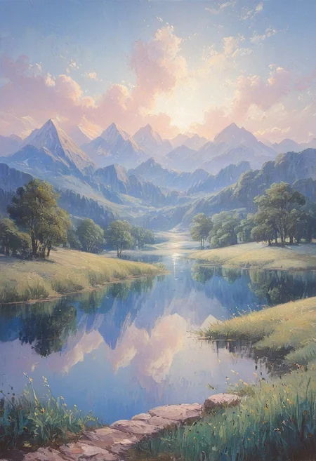 ArsMJStyle, Impressionism, masterpiece, high_quality, highres, best_quality, amazing_quality, very_aesthetic, oil painting, bold brushstrokes, no people, landscape, cirque lake, glacial cirque, lake surrounded by mountains, reflective lake, bright reflection, mountain grass, mountain vegetation, scenic, scenery, serene, nature, natural beauty, golden_hour, soft light, high clouds, soft vibrancy, dynamic angle