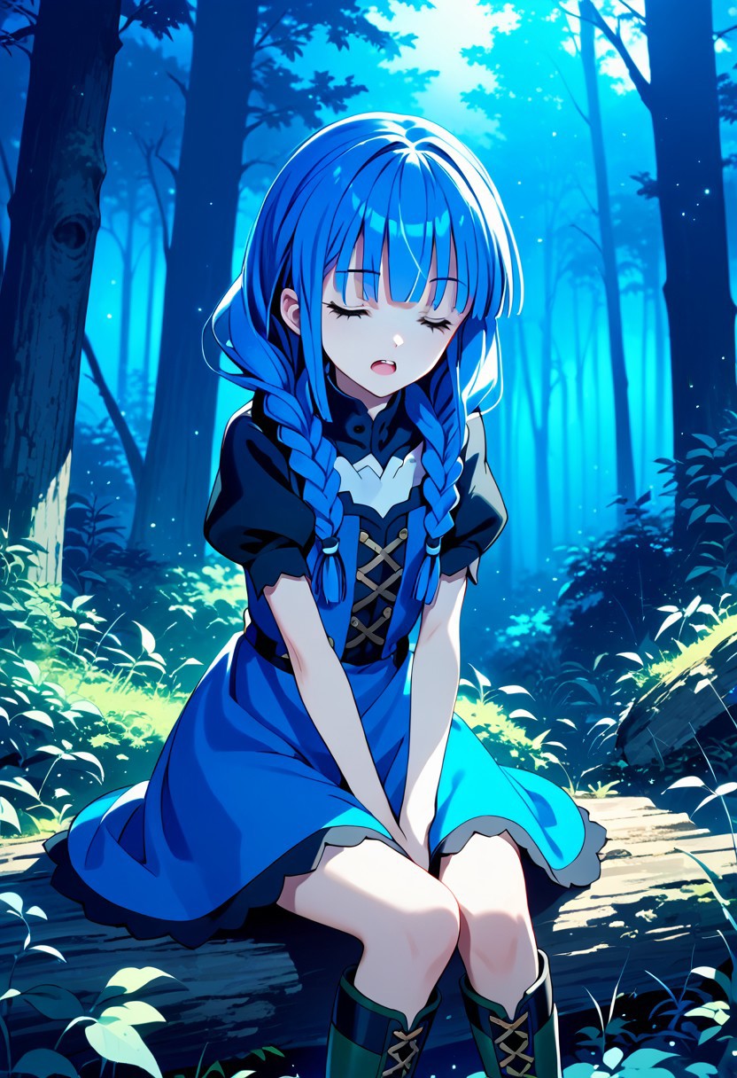 score_9,score_8_up,score_7_up,source_anime,Atla Fayon,1girl,solo,open mouth,dress,sitting,blue hair,closed eyes,braid,short sleeves,boots,puffy sleeves,twin braids,night,nature,forest,