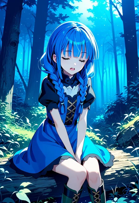 score_9,score_8_up,score_7_up,source_anime,Atla Fayon,1girl,solo,open mouth,dress,sitting,blue hair,closed eyes,braid,short sleeves,boots,puffy sleeves,twin braids,night,nature,forest,