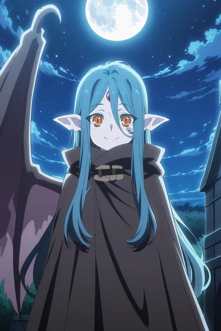 anime screencap, anime coloring, detailed face, masterpiece, best quality, very aesthetic, absurdres, volumetric lighting, official style, amazing quality, ultra detailed,  highres, amazing quality, scenery, beautiful detailed hair, beautiful detailed eyes, defined fingers
<lora:StS-Illustrious-Detail-Slider-v1.0:4>
<lora:Wiene_Is_It_Wrong_to_Try_to_Pick_Up_Girls_in_a_Dungeon:1>
Wiene (character), 1girl, solo, long hair, blue hair, orange eyes, slit pupils, pointy ears, colored skin, red forehead jewel, scales, black cloak, single wing, dragon wings, hair between eyes 
outside, night, full moon, standing, looking at the viewer, smile, cowboy shot,