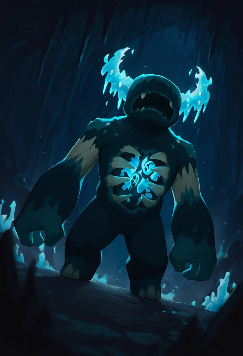 masterpiece, best quality, amazing quality, very aesthetic, absurdres, newest, detailed background, foreground blur, volumetric lighting, 
warden, glowing horns, standing, solo, monster, open mouth, creature, teeth, no eyes, pokemon (creature), ribs, colored skin, ((wide head, big head,)),, no teeth, no humans, big arms,  no hands, no wrists, wide body, short legs, 
dark cave, torch flames, crystal growths, cave crystals, pentagram on wall, dynamic angle, pose, blue smoke,