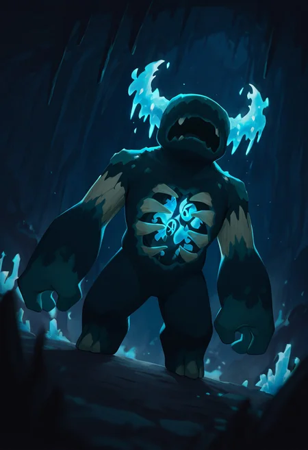 masterpiece, best quality, amazing quality, very aesthetic, absurdres, newest, detailed background, foreground blur, volumetric lighting, 
warden, glowing horns, standing, solo, monster, open mouth, creature, teeth, no eyes, pokemon (creature), ribs, colored skin, ((wide head, big head,)),, no teeth, no humans, big arms,  no hands, no wrists, wide body, short legs, 
dark cave, torch flames, crystal growths, cave crystals, pentagram on wall, dynamic angle, pose, blue smoke,