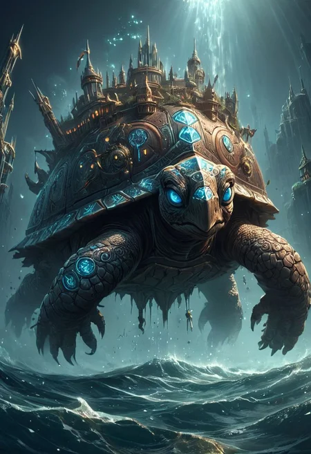 Big enormous giant energy turtle with magical fantasy city on its back, swimming in across monster ocean