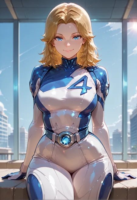 masterpiece, best quality,absurdres, ultra-detailed, high resolution,
sue_storm, 1girl, solo, bodysuit, smile, looking at viewer,belt, medium hair,
