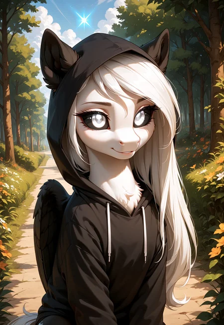 score_9, score_8_up, score_7_up, score_pony, zPDXL3, Albina, 1girl, wild pony, pony, white fur, white long hair, (black sclera:1.1), white eye, glowing white eyes,( black wings:1.2), black ears, in hoodie, in the hood, BREAK (masterpiece:1.3), (best quality:1.3), (ultra-detailed:1.3), (cinematic lighting:1.2), (depth of field:1.1), (sharp details:1.1)