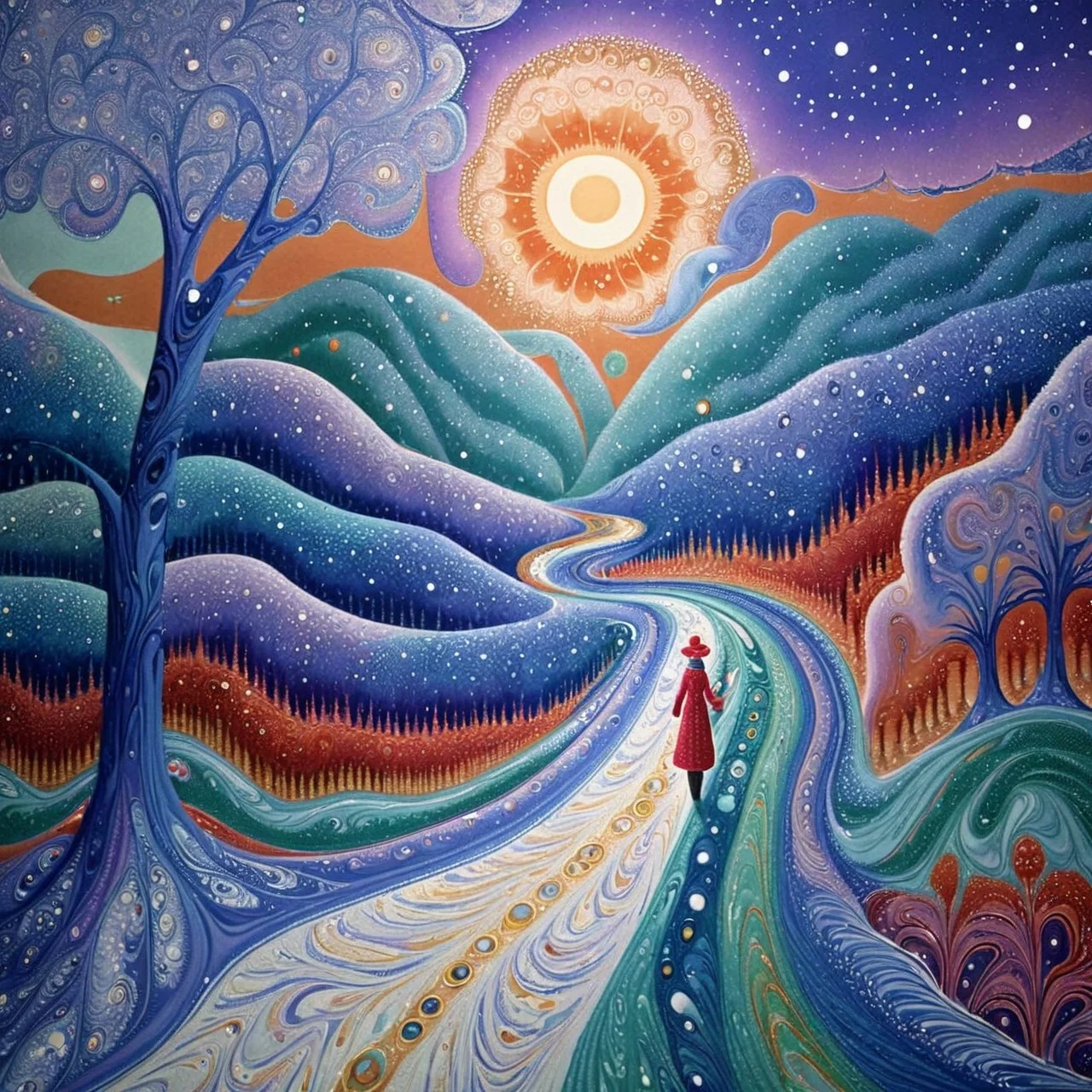 xlmrblng36-500 magnificent Fauvism, Royal princess walking on a path in a winter landscape, snowing, (white-tinted:0.5), very detailed, intricate, (snowing:1.21)
