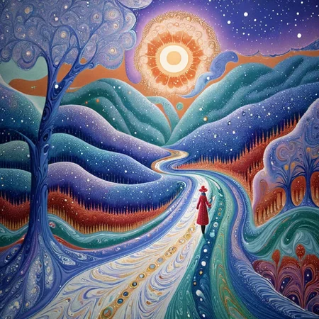 xlmrblng36-500 magnificent Fauvism, Royal princess walking on a path in a winter landscape, snowing, (white-tinted:0.5), very detailed, intricate, (snowing:1.21)