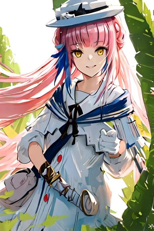solo_focus, 1girl, ((white background, simple background)):2, (((masterpiece))), ((best quality)), ((ultra-detailed)), high resolution, absurdres, highres, ultra-detailed 8k unity wallpaper,
ceylon_arknights, long_hair, bangs, pink_hair, feather_hair, feathers, hat, white_headwear, yellow_eyes, blue_feathers, bow, hair_bun, hat_bow, smile, black_bow