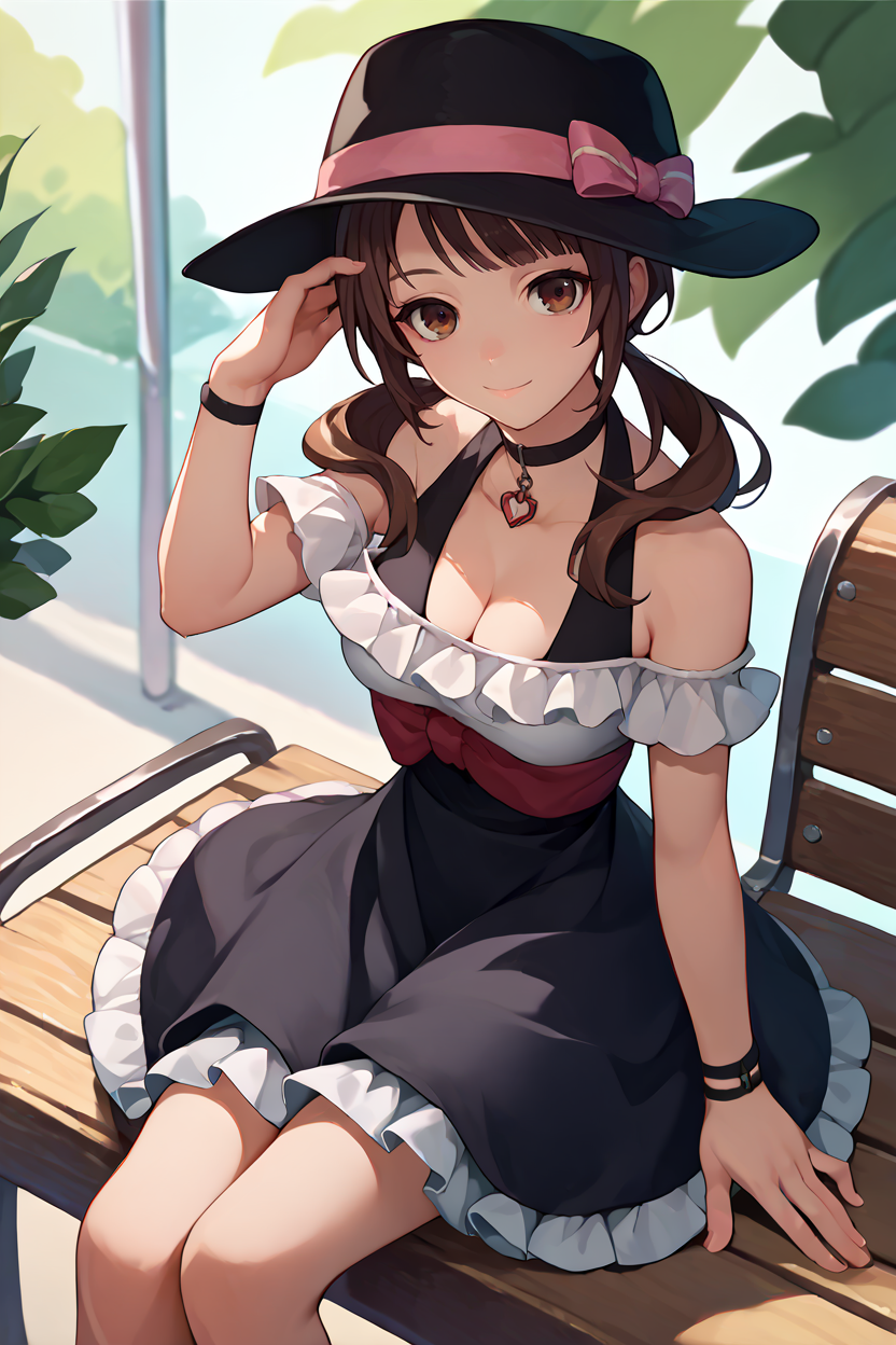 score_9, score_8_up, score_7_up, score_6_up, source_anime, 1girl, solo, <lora:okitasawa-pdxl-nvwls-v1-000006:1> okitasawa, brown hair, low twintails, black hat, choker, frilled dress, black skirt, bare shoulders, cleavage, sitting, bench, horse, looking at you, smile
