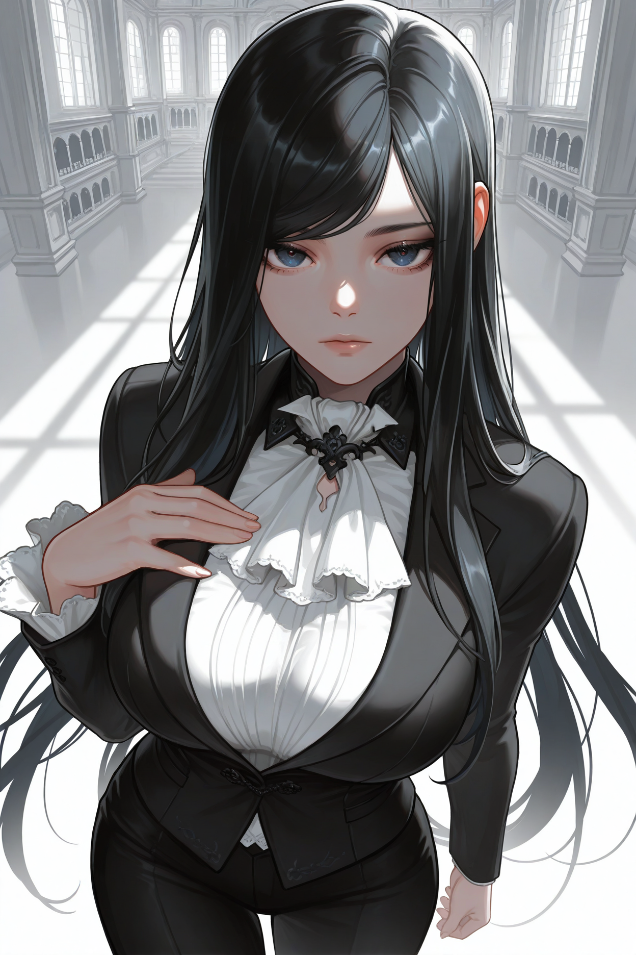 masterpiece, best quality, 1girl, solo, <lora:sbraven-illu-nvwls-v1:1> r4ven, black hair, swept bangs, very long hair, dark blue eyes, large breasts, black suit jacket, white ascot, black pants, formal, mansion, indoors, white theme, looking at viewer, expressionless, hand on own chest, lips